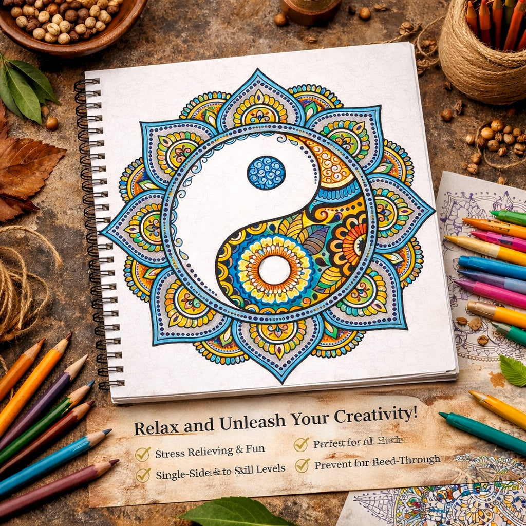 Coloring book with mandala design on a rustic surface with coloring pencils.