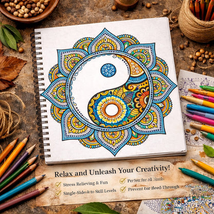 Coloring book with mandala design on a rustic surface with coloring pencils.
