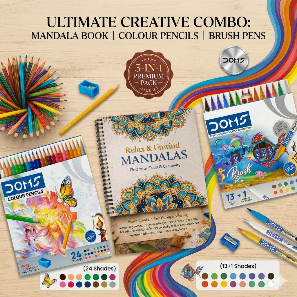 Ultimate creative combo with mandala book, color pencils, and brush pens on a wooden surface.