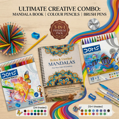 Ultimate creative combo with mandala book, color pencils, and brush pens on a wooden surface.