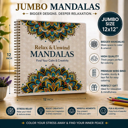 Mandalas coloring book with features and benefits on a wooden surface.
