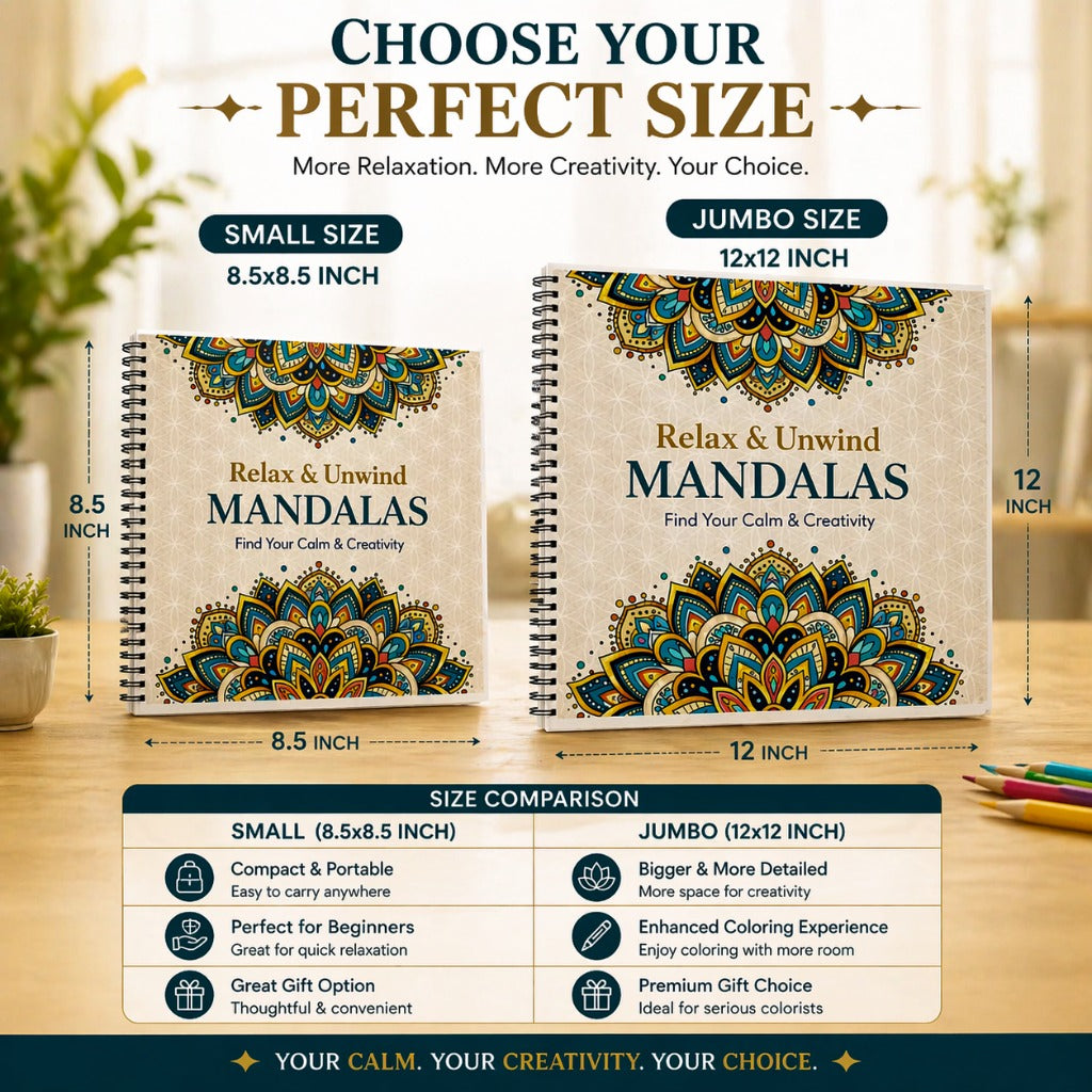 Two mandala-themed notebooks with size comparison chart on a wooden surface.