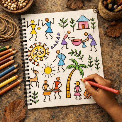 Colorful drawings on a notebook with a hand holding a pink pencil, surrounded by colored pencils and leaves.