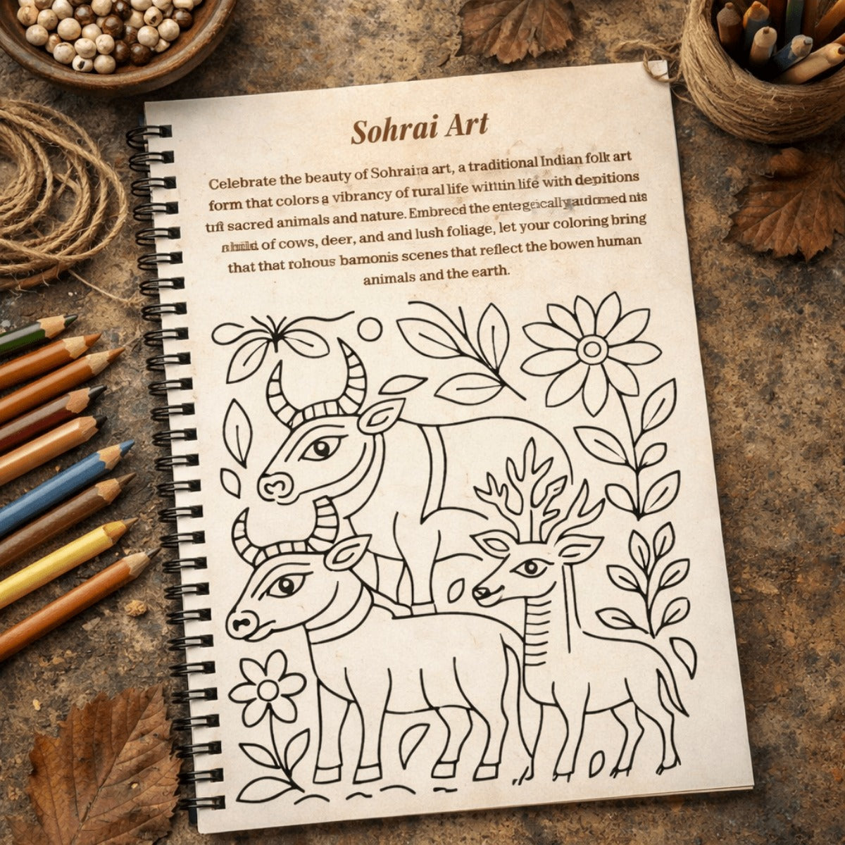 Sohrai art coloring book with illustrations of animals and nature on a rustic surface with pencils and twine.
