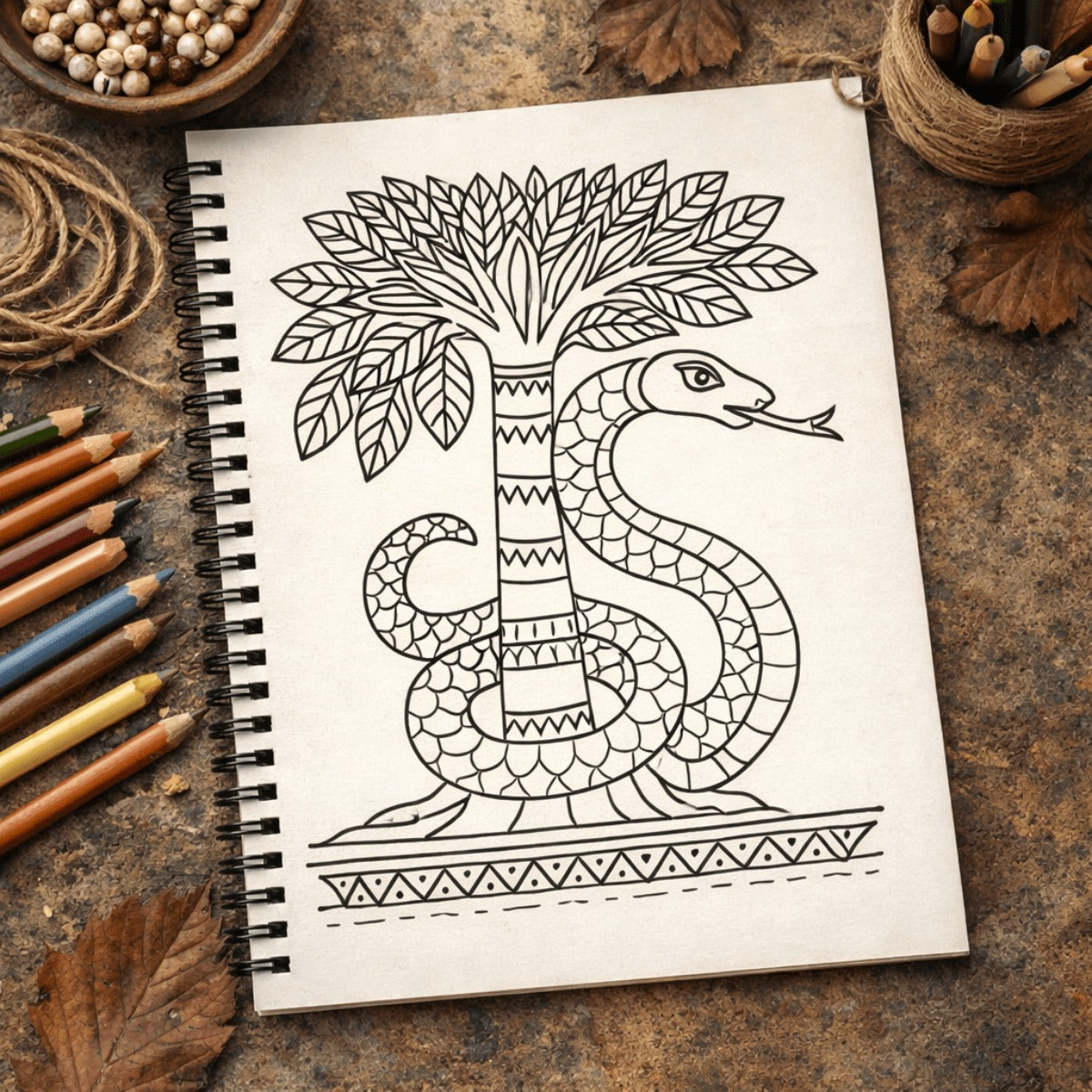 Coloring book with snake and tree design on a rustic surface with pencils and twine.
