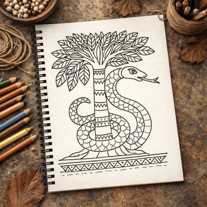 Coloring book with snake and tree design on a rustic surface with pencils and twine.