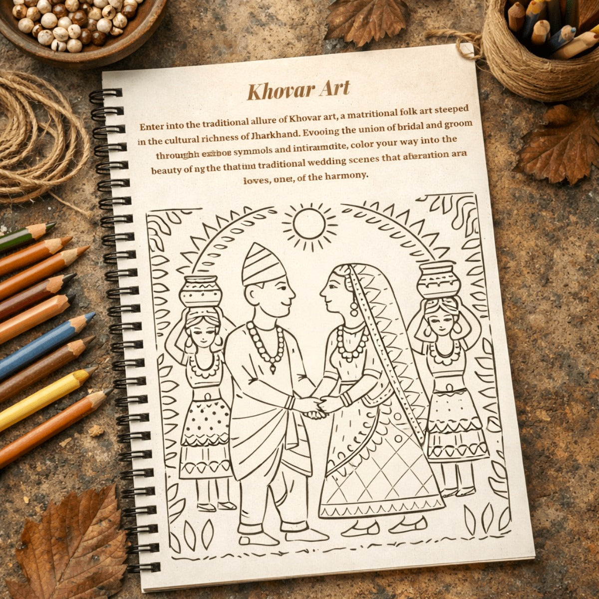 Coloring book with Kharvard art design on a rustic surface with pencils and leaves.