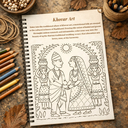 Coloring book with Kharvard art design on a rustic surface with pencils and leaves.