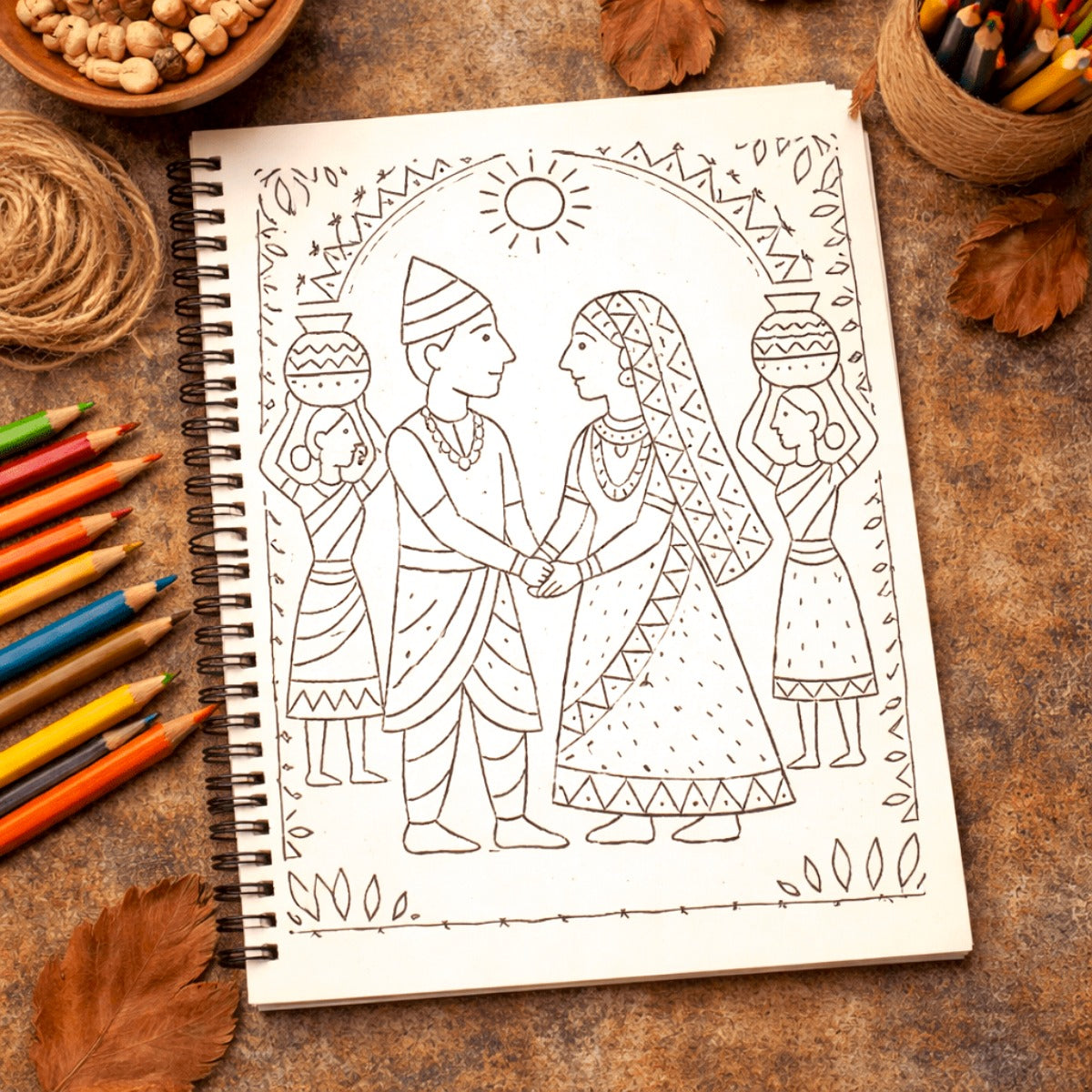 Coloring book with a couple in traditional attire on a rustic surface with coloring pencils and twine.