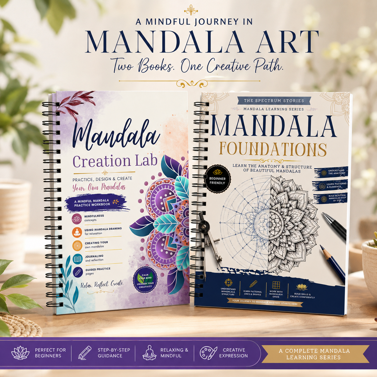 Two mandala art books titled 'Mandala Creation Lab' and 'Mandala Foundations' on a wooden surface with a blurred natural background.