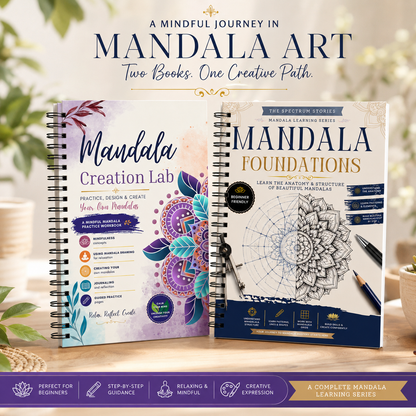 Two mandala art books titled 'Mandala Creation Lab' and 'Mandala Foundations' on a wooden surface with a blurred natural background.