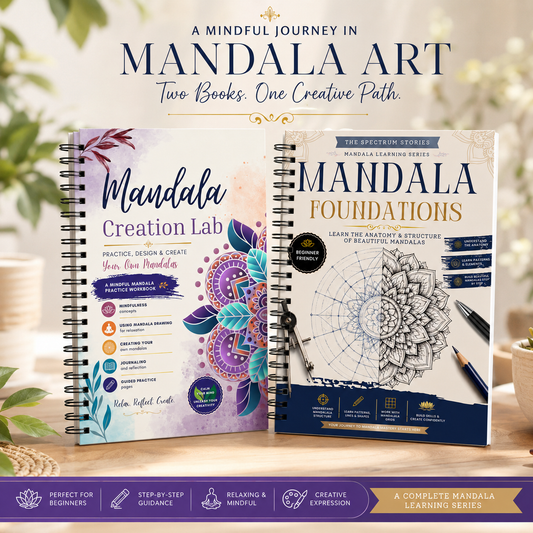 Two mandala art books titled 'Mandala Creation Lab' and 'Mandala Foundations' on a wooden surface with a blurred natural background.