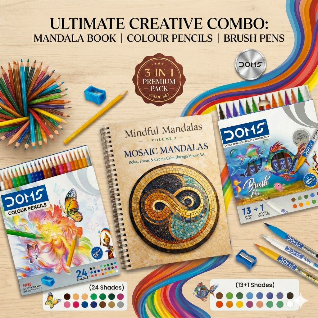 Ultimate creative combo with mandala book, color pencils, and brush pens on a wooden surface.
