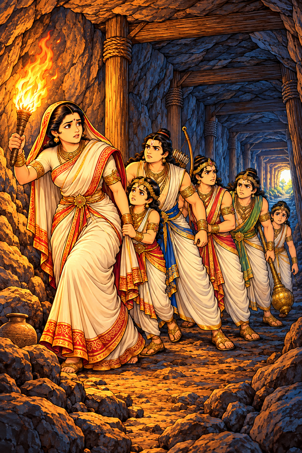 Pandavas and Kunti Escape Through the Tunnel